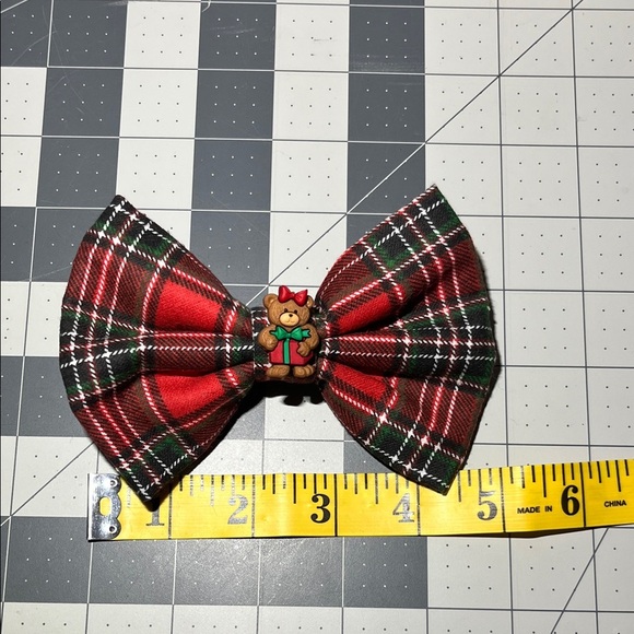 Festive Plaid Hair Bow with Teddy Bear Accent - Picture 2 of 4
